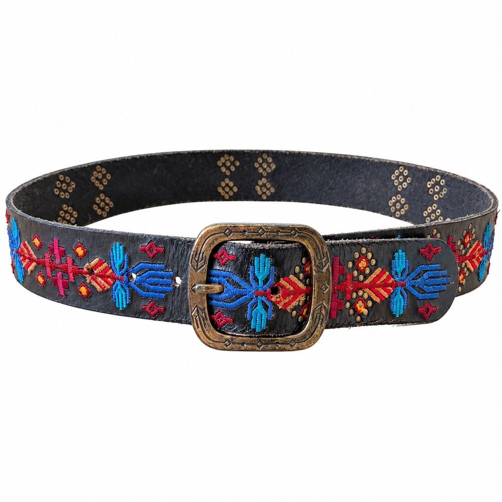 Lucky Brand Leather Belt Boho Aztec Embroidered Brown Vintage‑Inspired